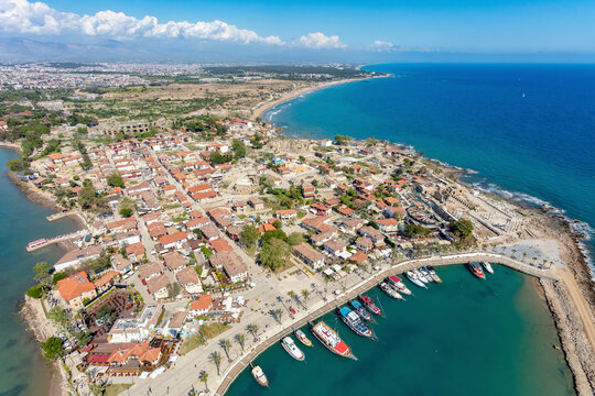 Aerial view of historical Side at the Mediterranean Sea coast of Antalya, Turkey.