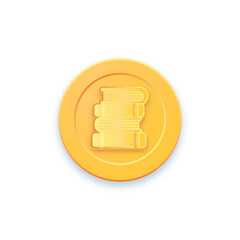 Golden game coin. Coin icon, gold medal. Coin with books. Graphic user interface design element game coin.