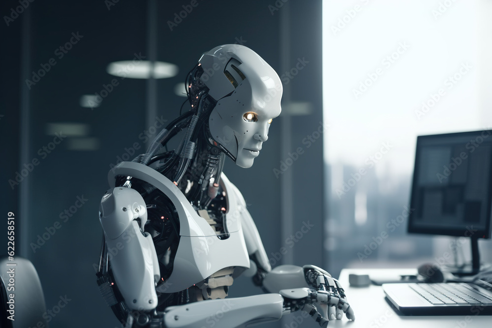 Poster generative ai humanoid robot working in a modern office with a computer