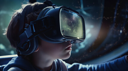 Fototapeta na wymiar Little boy wearing virtual reality goggles against view of planet earth in space. Generative AI