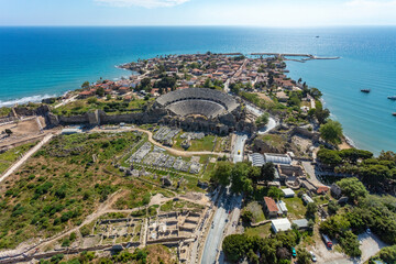 Aerial view of the ancient theatre in Side, Antalya, Turkey.