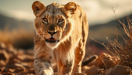 Obraz premium A majestic wild lioness in the vast expanse of the Sahara desert