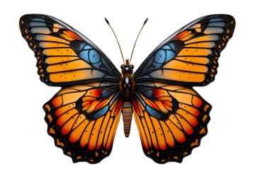 A vibrant monarch butterfly with its delicate wings fully extended in a transparent background, butterfly isolated on white background