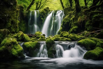 Fototapeta na wymiar Waterfall landscape with rocks covered in green moss. Generative AI 3