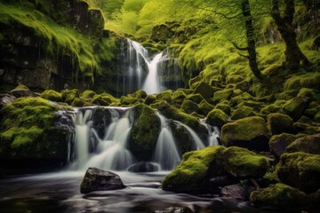 Naklejka na ściany i meble Waterfall landscape with rocks covered in green moss. Generative AI 5