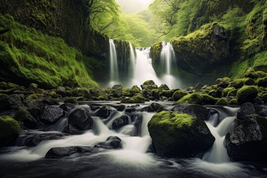 Waterfall landscape with rocks covered in green moss. Generative A 8