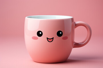 Single pink coffee mug with happy face isolated on solid background