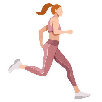 vector realistic image of a slim girl in a sports uniform (leggings and a sports bra) is engaged in fitness, sports, trains isolated on a white background. the woman is running. morning run. jogging.