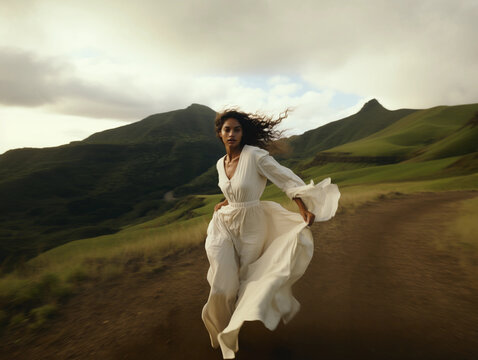 beautiful woman dramatically running to freedom at the hills landscape, inspiring photo created with generative AI