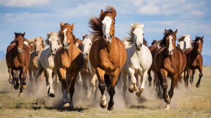 Hoard of mustang horse running in middle of Midwest panorama - obrazy, fototapety, plakaty