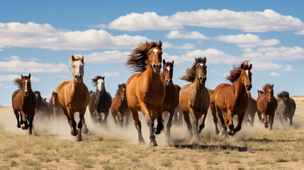 Obraz premium Hoard of mustang horse running in middle of Midwest panorama