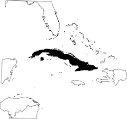 Naklejka premium Map of an outline of the country of Cuba highlighted in black isolated on a white background with the surrounding countries outlined