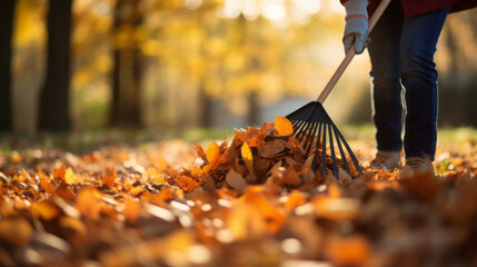 Person rake leaves in autumn - obrazy, fototapety, plakaty