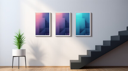 Vibrant indoor hallway mockup with 3 canvas frames on the wall and design stairs