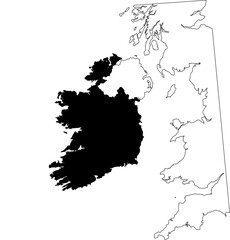 Map of an outline of the country of Ireland highlighted in black isolated on a white background with the surrounding countries outlined