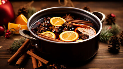 Mulled Wine with orange and spice close-up view