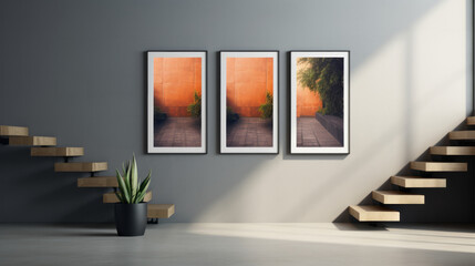Vibrant indoor hallway mockup with 3 canvas frames on the wall and design stairs
