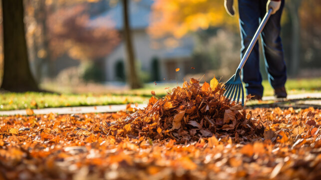Person rake leaves in autumn