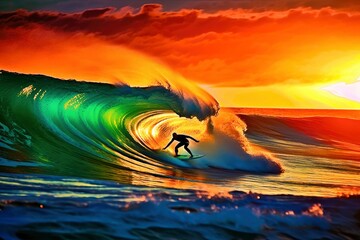 surfer at sunset captured in the wave - generative ai - obrazy, fototapety, plakaty