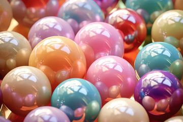 Overhead view of lots of little multi-colored glossy balls with light reflections. Marble glass balls, creative wallpaper, background or backdrop. Generative AI photo imitation.