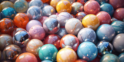 Top view of lots of little multi-colored glossy balls with light reflections. Marble glass balls, creative wallpaper, background or backdrop. Generative AI photo imitation.