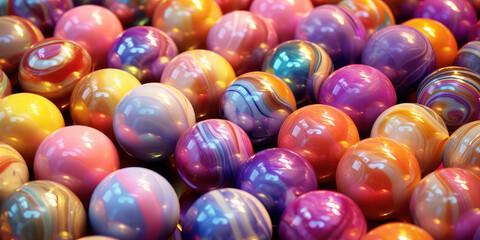 Fototapeta na wymiar Above view of lots of little multi-colored glossy balls with light reflections. Marble glass balls, creative wallpaper, background or backdrop. Generative AI photo imitation.