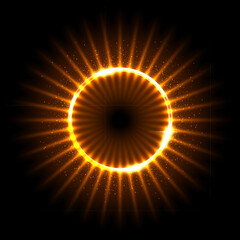 Solar eclipse with gold fiery flashes on edge vector illustration. Abstract golden circle frame of sun, planet or star with sparkles and energy flare, globe with glow light effect of shiny corona