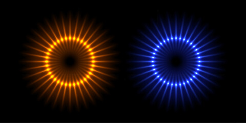 Electric flash circles set, burst of round shape with bright red and blue neon rays