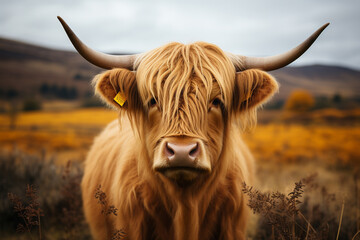 Portrait of single highland cow standing in field with sad face - obrazy, fototapety, plakaty