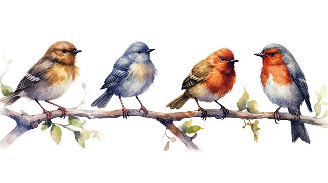 Cute Watercolor Birds Sitting on a branch
