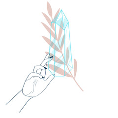 Outline Crystal. Curative Transparent Healing Quartz with Boho Hand and Floral. Gradient Clear Bright Gem. Magic Stone
