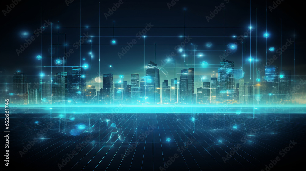 Wall mural digital blue background with data points and city skyline in backdrop