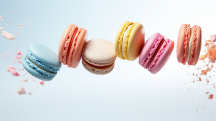 Close up of several macaroons flying in the air on pastel plain background