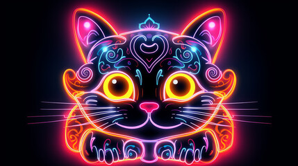 Illustration of a neon lucky cat on dark background