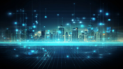 Digital blue background with data points and city skyline in backdrop