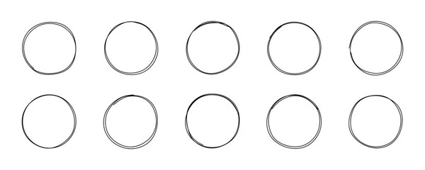 Hand drawn circle frame vector set. Circles sketch collection in doodle style isolated on white background. Round frames graphic design elements in linear style. Vector illustration