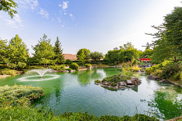 Jardin japonais en été à Dijon. Japanese garden in summer in Dijon.