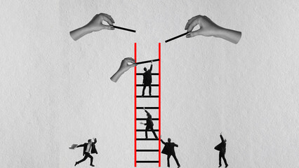 Contemporary art collage. Professional challenges. Ambitious employe. man climbing upwards stairs, reaching success. Concept of business, office, career, creativity and growth, ad