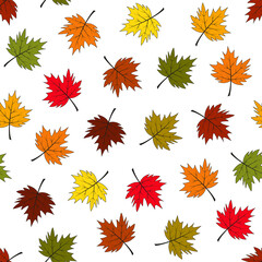 Autumn leaves seamless pattern. Vector illustration. Multicolored leaves on white background.