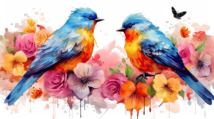 Cute Watercolor Birds Couple with colorful flowers