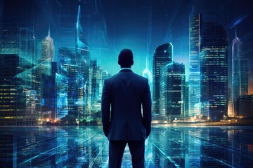 businessman or corporate employee in a suit standing on a background of virtual skyscrapers, advanced reality, Generative AI