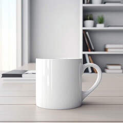 white cup of coffee on a table. In the background are shelves with books