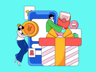 Holiday Shopping E-Commerce Online Shopping People Flat Vector Concept Operation Hand Drawn Illustration
