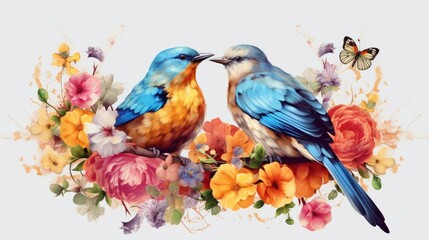 Cute Watercolor Birds Couple with colorful flowers