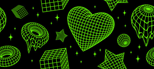 Y2K trendy 3d shape seamless technologic pattern, futuristic dimensional geometric forms, wireframes and mesh on a black background.