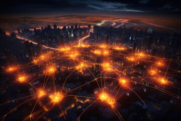 Fototapeta premium connecting yellow beams over the city symbolizing communication between people, Generative AI