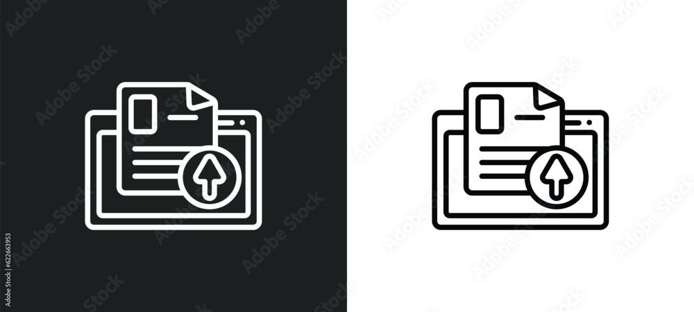 Poster upload file outline icon in white and black colors. upload file flat vector icon from web hosting co