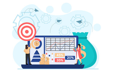 Characters management finance technology. Calculating and analyzing personal or corporate budget, managing financial income. Vector illustration