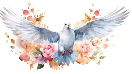 Fotobehang watercolor dove of peace with flowers over white background © Ai Expert