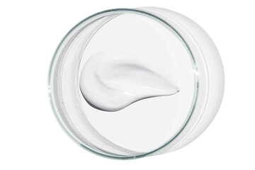 Petri dish isolated on empty background. A smear of cosmetic cream in a Petri dish.